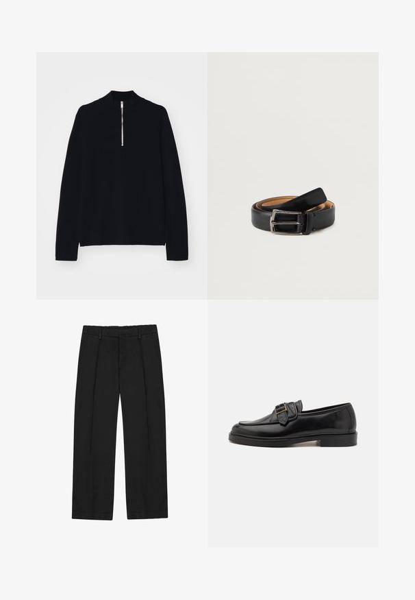 Haut noir à manches longues en matériau doux, avec un col montant et une fermeture éclair mi-haut à l'avant, d'une coupe décontractée.; Pantalon noir à coupe droite, avec des plis, des poches latérales et une ceinture plate. Confectionné dans un tissu lisse à finition mate.; Mocassins en cuir noir avec un bout arrondi et une boucle décorative. Talon plat, solide et texture lisse sur l'ensemble.; Ceinture en cuir noir au fini lisse, dotée d'une boucle rectangulaire couleur argent et d'une doublure intérieure marron contrastante.