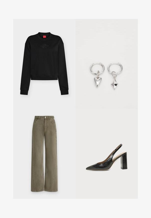 Sweat-shirt noir à manches longues col rond avec logo embossé subtil sur la poitrine et étiquette rouge à l’intérieur du col.; Pantalon large vert olive avec bouton devant, fermeture éclair et poches avant sur fond clair.; Chaussure slingback en cuir noir à bout pointu avec un talon bloc haut et une doublure intérieure beige sur un fond clair uni.; Boucles d'oreilles en argent en forme de créoles, ornées d'un cœur et d'un pendentif en forme de diamant. Texture lisse avec une finition polie.