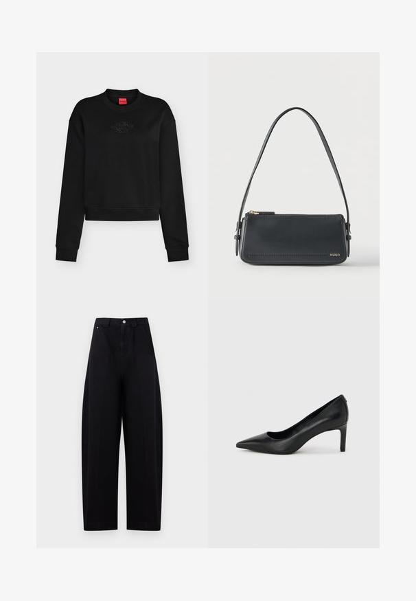 Sweat-shirt noir à manches longues col rond avec logo embossé subtil sur la poitrine et étiquette rouge à l’intérieur du col.; Pantalon noir taille haute à jambes larges avec fermeture par bouton et zip devant, avec poches latérales et passants de ceinture sur un fond clair.; Escarpin à bout pointu en cuir noir avec un talon fin de hauteur moyenne sur un fond gris clair uni.; Sac à bandoulière rectangulaire en cuir noir avec fermeture éclair dorée et petit logo "HUGO" doré sur le devant, doté d'une sangle réglable avec boucle.