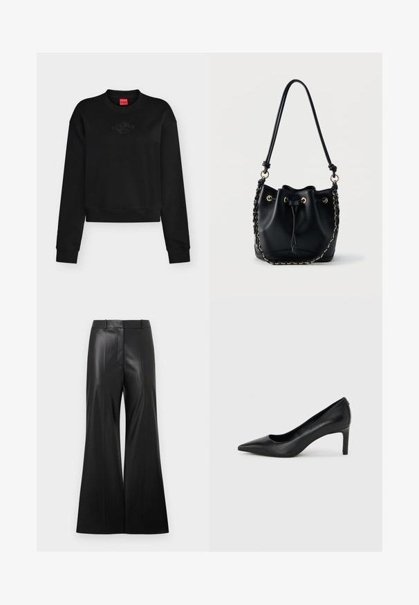 Sweat-shirt noir à manches longues col rond avec logo embossé subtil sur la poitrine et étiquette rouge à l’intérieur du col.; Pantalon large en cuir synthétique noir avec une texture lisse, doté d'une taille ajustée et de plis avant pour un look structuré.; Escarpin à bout pointu en cuir noir avec un talon fin de hauteur moyenne sur un fond gris clair uni.; Sac seau en cuir noir avec fermeture à cordon, œillets dorés, longue bandoulière et anse ornée d'une chaîne sur fond uni.