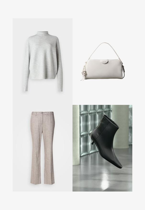 Lys grå turtleneck sweater, lavet af blødt stof, med lange ærmer og en afslappet pasform, med en glat, fin struktur.; Beige skræddersyede bukser med striber, foran knap, bæltestropper og let flagrende ben på en ensfarvet hvid baggrund.; Sort læderankelstøvle med spids tå og lav kitten-hæ, vist vinklet mod en poleret gulv- og glasblokvæg.; Hvid rektangulær Calvin Klein håndtaske med enkelt håndtag, minimalistisk design og dekorative kvaster med geometrisk metalvedhæng på siden.
