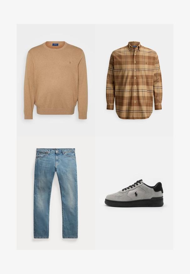 Beige crewneck sweater lavet af blødt stof, med ribkant ved halsen og ærmerne, samt et lille broderet logo på brystet.; Brun ternet skjorte med en knaplukket krave, der har forskellige nuancer af brun og tan. Indeholder knapper og et logo på brystet. Fremstillet i bomuld.; Lyseblå straight-leg denim jeans med forlommer, bæltestropper, knaplukning og let falmede detaljer.; Grå ruskinds-sneakers med sorte detaljer, der har et tekstureret stofpanel på siden, rund tå og sort gummisål. Logo broderet på siden.