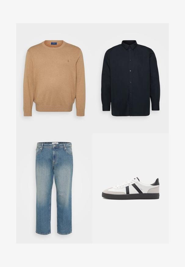 Beige crewneck sweater lavet af blødt stof, med ribkant ved halsen og ærmerne, samt et lille broderet logo på brystet.; Sort skjorte med knapper lavet af bomuld, med en klassisk krave, lange ærmer og syv frontknapper. Glat tekstur, uden bemærkelsesværdige mønstre.; Blå straight-leg jeans i denim med falmet front, fem-lomme design, knap- og lynlås lukning samt bæltestropper.; Hvide sneakers med sorte og grå detaljer, med en tekstureret grå tåhætte, sort gummisål og flade hvide snørebånd. Rent design, minimalistisk stil.