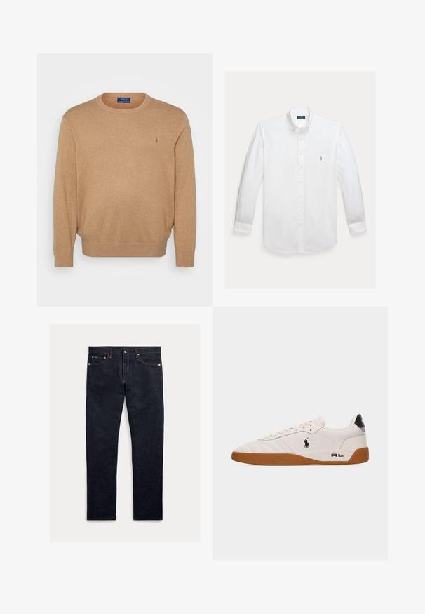 Beige crewneck sweater lavet af blødt stof, med ribkant ved halsen og ærmerne, samt et lille broderet logo på brystet.; Hvid skjorte med lange ærmer, knapper foran, krave og lille mørkeblå Polo Ralph Lauren logo broderet på brystet.; Mørke denimjeans med lige ben, fem lommer, orange syninger og lukning med knapper. Stoffet har en glat tekstur.; Hvid lav sneakers med brun gummisål, sort Polo Ralph Lauren-logo på siden og "RL" tekst på hælområdet.