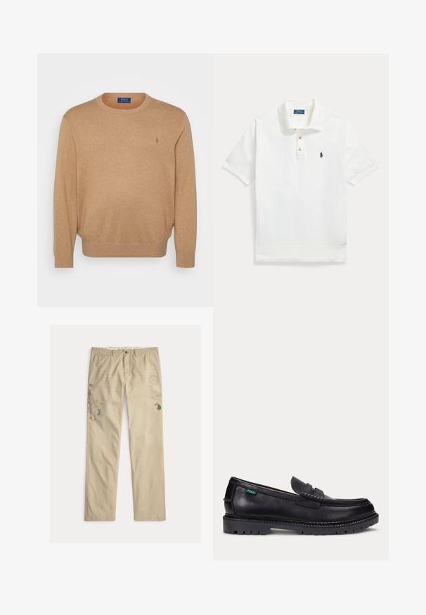 Beige crewneck sweater lavet af blødt stof, med ribkant ved halsen og ærmerne, samt et lille broderet logo på brystet.; Hvid polo-shirt med korte ærmer, krave, tre knapper og lille mørkeblå broderet logo på venstre bryst.; Beige bomuldsbukser med broderede motiver, herunder træer og bjerge, med knaplukning og bæltestropper.; Sort læderloafer med tyk, mønstret sål og lille grøn "Polo"-mærke på ydersiden nær hælen.