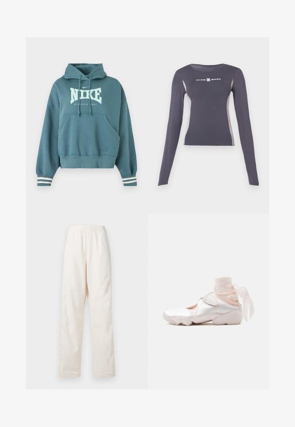 Κουκούλα Nike σε τιρκουάζ με μπροστινή τσέπη, κουκούλα με κορδόνι, λευκό λογότυπο "NIKE ATHLETIC DEPT." και λευκές ρίγες στις μανσέτες των μανικιών.; Σκοτεινό γκρι αθλητικό μπλουζάκι με μακριά μανίκια και εφαρμοστή γραμμή, με ανοιχτό γκρι πλαϊνές ρίγες και λευκό λογότυπο "Nike Shox" στο στήθος.; Φαρδιά κρεμ παντελόνια με ελαστική μέση και ίσια γραμμή, παρουσιάζονται σε απλό λευκό φόντο.; Άσπρο και ανοιχτό ροζ αθλητικό παπούτσι με απαλό υφασμάτινο γυροσκοπικό δέσιμο στον αστράγαλο δεμένο σε φιόγκο, με ρυθμιζόμενο λουράκι και στρογγυλεμένη σόλα.
