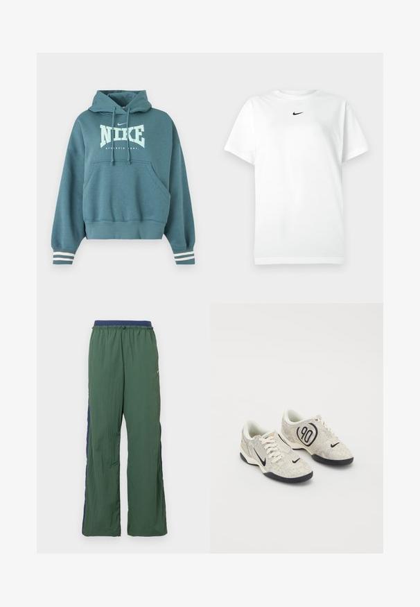 Κουκούλα Nike σε τιρκουάζ με μπροστινή τσέπη, κουκούλα με κορδόνι, λευκό λογότυπο "NIKE ATHLETIC DEPT." και λευκές ρίγες στις μανσέτες των μανικιών.; Λευκό T-shirt κοντομάνικο με στρογγυλή λαιμόκοψη και μικρό μαύρο λογότυπο Nike κάτω από τον λαιμό.; Πράσινο αθλητικό παντελόνι με φαρδιά σχεδίαση ποδιού, διακοσμημένο με μπλε ζώνη μέσης και πλαϊνή επένδυση, κατασκευασμένο από ελαφρύ, υφασμάτινο ύφασμα με υφή.; Nike αθλητικά παπούτσια με μπεζ και γκρί υφή, μαύρες λεπτομέρειες, μεγάλο λογότυπο "90" και λευκό κορδόνι. Μαύρη σόλα.