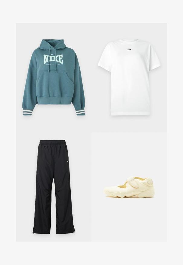 Κουκούλα Nike σε τιρκουάζ με μπροστινή τσέπη, κουκούλα με κορδόνι, λευκό λογότυπο "NIKE ATHLETIC DEPT." και λευκές ρίγες στις μανσέτες των μανικιών.; Λευκό T-shirt κοντομάνικο με στρογγυλή λαιμόκοψη και μικρό μαύρο λογότυπο Nike κάτω από τον λαιμό.; Μαύρο αθλητικό παντελόνι με ελαστική ζωνη στη μέση, πλαϊνές τσέπες και χαλαρή εφαρμογή. Κατασκευασμένο από ελαφρύ, λείο ύφασμα με διακριτική γυαλάδα.; Μπεζ αθλητικό παπούτσι με χοντρή σόλα, σχεδιασμό με κοψίματα και δύο ρυθμιζόμενους ιμάντες με βέλκρο σε λευκό φόντο.