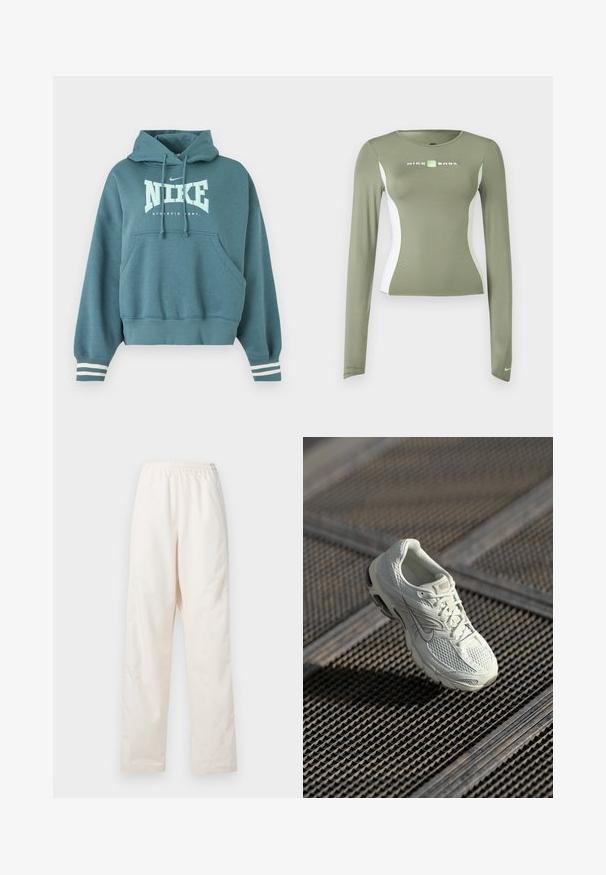 Κουκούλα Nike σε τιρκουάζ με μπροστινή τσέπη, κουκούλα με κορδόνι, λευκό λογότυπο "NIKE ATHLETIC DEPT." και λευκές ρίγες στις μανσέτες των μανικιών.; Μακρυμάνικη μπλούζα Nike Shox σε ελαιόχρωμο πράσινο με λευκές πλαϊνές φάσες και νέον πράσινες λεπτομέρειες, στενή εφαρμογή και μικρό λογότυπο swoosh στο μανίκι.; Φαρδιά κρεμ παντελόνια με ελαστική μέση και ίσια γραμμή, παρουσιάζονται σε απλό λευκό φόντο.; Άσπρο αθλητικό παπούτσι Nike για τρέξιμο με δικτυωτό και συνθετικό επάνω μέρος, τοποθετημένο σε μεταλλική σχάρα δαπέδου υπό απαλό φυσικό φως.