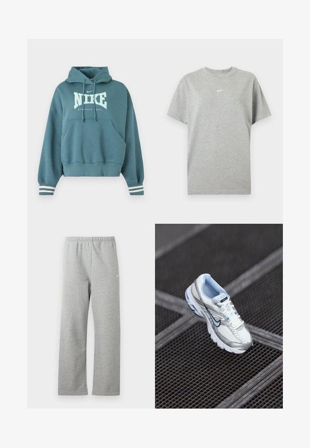 Κουκούλα Nike σε τιρκουάζ με μπροστινή τσέπη, κουκούλα με κορδόνι, λευκό λογότυπο "NIKE ATHLETIC DEPT." και λευκές ρίγες στις μανσέτες των μανικιών.; Γκρι βαμβακερό T-shirt με κοντά μανίκια, στρογγυλή λαιμόκοψη και μικρό λευκό λογότυπο Nike swoosh στο κέντρο του στήθους.; Ανοιχτό γκρι φόρμα με ελαστική μέση και μικρό λευκό λογότυπο Nike στο πάνω μέρος του μηρού, εμφανίζεται επίπεδη σε λευκό φόντο.; Λευκό αθλητικό παπούτσι από διχτυωτό υλικό με ασημένιες λεπτομέρειες, ανοιχτό μπλε ραφή και μαύρο λογότυπο Swoosh. Διαθέτει επενδεδυμένο κολάρο και υφή στη σόλα.
