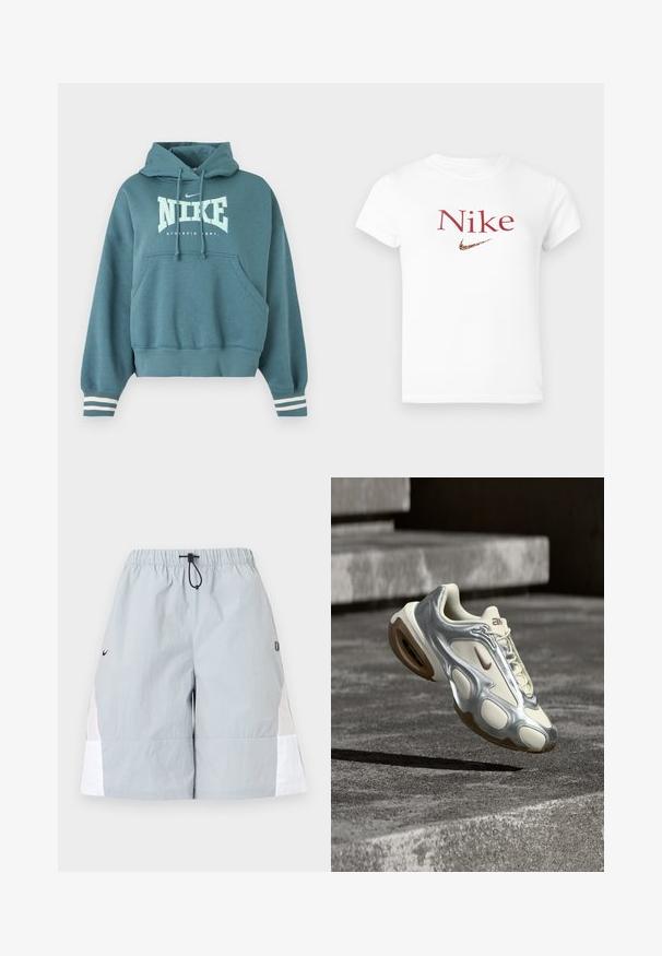 Κουκούλα Nike σε τιρκουάζ με μπροστινή τσέπη, κουκούλα με κορδόνι, λευκό λογότυπο "NIKE ATHLETIC DEPT." και λευκές ρίγες στις μανσέτες των μανικιών.; Λευκό κοντομάνικο μπλουζάκι με κόκκινο κείμενο "Nike" και λογότυπο Nike swoosh σε λεοπάρ σχέδιο κεντραρισμένο στο στήθος.; Αθλητικό σορτς ανοιχτό γκρι με λευκές πλαϊνές λωρίδες, ελαστική μέση και μαύρο κορδόνι, σε απλό φόντο.; Αθλητικό παπούτσι σε κρεμ και μεταλλικό ασημί χρώμα, που αιωρείται πάνω από σκάλες από μπετόν, με καφέ λαστιχένιες σόλες και το λογότυπο της Nike.