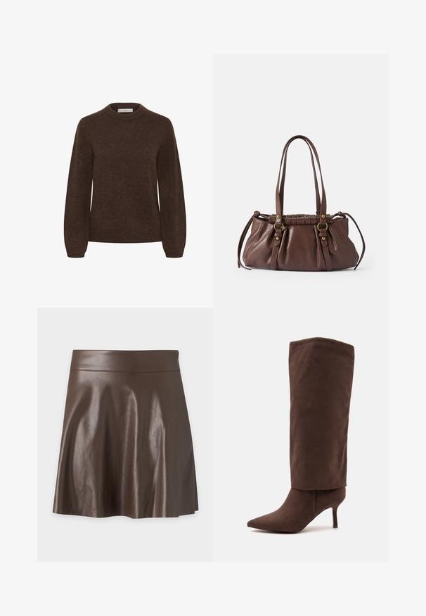 Pull en tricot marron avec col rond, manches longues et texture douce, présentant un design simple sans motifs ni embellissements.; Jupe trapèze en cuir synthétique marron foncé avec une taille haute et une texture lisse légèrement brillante.; Botte haute en daim marron à bout pointu avec un talon moyen fin et une tige supérieure relâchée sur fond blanc.; Sac à main en cuir brun avec deux longues poignées, design froncé, accents en métal doré et finition texturée.