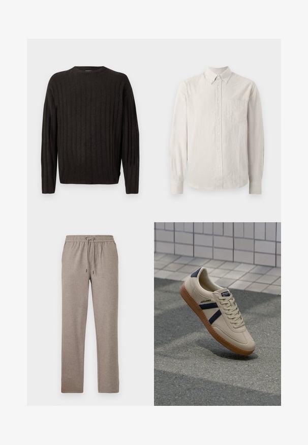 Pull en tricot gris foncé avec col rond, présentant une texture côtelée verticale et des manches longues, offrant une coupe décontractée.; Chemise à manches longues de couleur beige clair avec de fines rayures verticales, un col et une poche poitrine. Tissu doux avec une texture lisse.; Pantalon de jogging gris en tissu doux, avec une taille élastique dotée d'un cordon de serrage et une coupe droite.; Baskets beiges avec une finition texturée, bandes navy et semelle en caoutchouc. Équipées d'une languette rembourrée et d'un système de laçage traditionnel pour un maintien sécurisé.