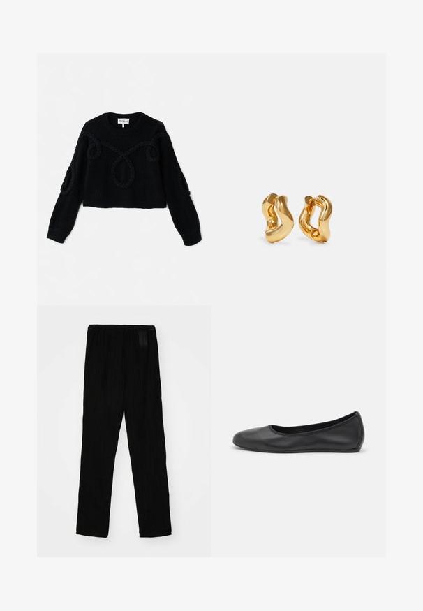 Pull en tricot noir avec un design court, un tissu texturé et des accents tressés sur le devant et les manches.; Pantalons plissés noirs en tissu léger, avec une taille élastique et une coupe droite. Texture lisse, sans motifs visibles.; Ballerines en cuir noir avec un bout rond, texture lisse, détails de couture minimalistes et design de semelle flexible.; Boucles d'oreilles en forme de créoles dorées avec un design ondulé, présentant une surface lisse et brillante ainsi qu'une forme élégante. Sans fermoirs visibles.