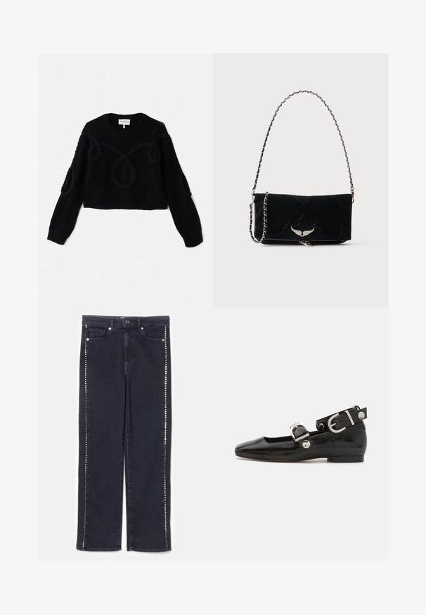 Pull en tricot noir avec un design court, un tissu texturé et des accents tressés sur le devant et les manches.; Jean en denim foncé avec une coupe droite, ornée d'une rangée de clous métalliques le long des coutures latérales, apportant un accent distinctif.; Ballerine en cuir verni noir avec un bout carré, sangle de cheville avec des détails en métal argenté et semelle plate. Texture lisse avec un design minimaliste.; Sac à main rectangulaire noir avec un emblème ailé argenté sur le devant et une bandoulière chaîne argentée sur fond uni.