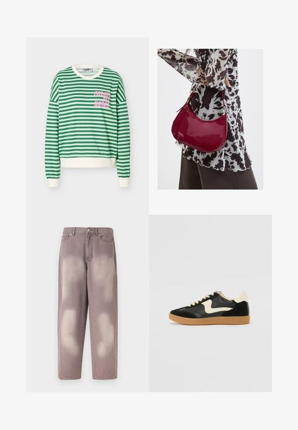 Sweat-shirt à manches longues à rayures horizontales vertes et blanches, avec bordure blanche et texte rose "COLOURFUL REBEL" sur la poitrine.; Jean en denim délavé violet, taille haute, fermeture par bouton, avec deux poches avant, présenté sur un fond uni.; Baskets en daim et cuir noir avec un swoosh latéral crème et un talon crème clair. Dotées de lacets beige et d'une semelle en caoutchouc gomme.; Femme portant un chemisier à motif noir et blanc tenant un sac à main rouge brillant sur un fond uni.