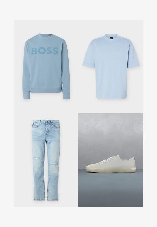 Sweat-shirt bleu clair à col rond avec manches longues et le mot "BOSS" imprimé sur la poitrine dans une teinte légèrement plus foncée.; T-shirt à manches courtes bleu clair avec col rond, tissu doux et coupe décontractée, présentant une petite étiquette de marque noire et orange à l'intérieur du col.; Jean en denim bleu clair avec une coupe droite, fermeture par boutons, poches avant, et petites déchirures usées sur les deux cuisses.; Baskets en cuir blanc avec lacets flottant au-dessus de carreaux en bois carrés et de petits cailloux, avec un arbre et un fond gris.