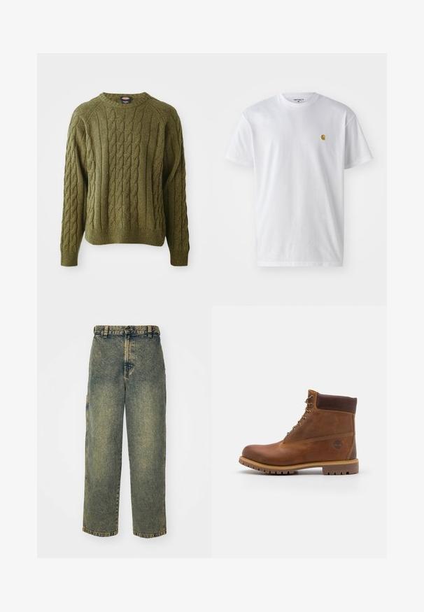Grüner Kabelstrickpullover mit Rundhals, strukturiertem Muster, Rippbündchen und Saum, der Farbkleckse im gesamten Stoff aufweist.; Weißes Baumwoll-T-Shirt mit kurzen Ärmeln, Rundhalsausschnitt, mit einem kleinen goldenen Logo im linken Brustbereich. Weicher Stoff und normale Passform.; Baggy-Jeans aus Denim in einer verblassten Blauen und Grünen Waschung. Mit Knopfverschluss, Gürtelschlaufen und Seitentaschen. Flaches Vorderteil und gerades Bein-Design.; Braune Lederwanderschuhe mit glatter Oberfläche, gepolstertem Knöchel, Metallösen und einer Gummisohle mit robustem Profil.