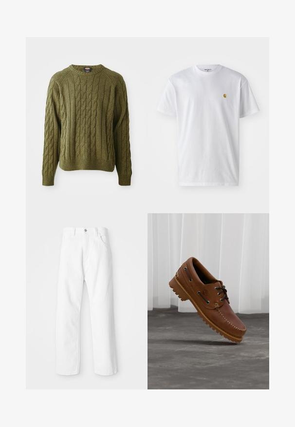 Pull en tricot torsadé vert avec un col rond, un motif texturé, des poignets et un ourlet côtelés, présentant des éclats de couleur dans tout le tissu.; T-shirt en coton blanc à manches courtes, col rond, avec un petit logo doré sur la poitrine gauche. Texture douce et coupe régulière.; Pantalon en denim blanc avec une coupe droite, présentant une fermeture à bouton et glissière à l'avant, cinq poches et une finition lisse et texturée.; Chaussure de bateau en cuir marron avec des lacets noirs, des coutures beiges et une semelle robuste, suspendue au-dessus d'un sol en béton gris.