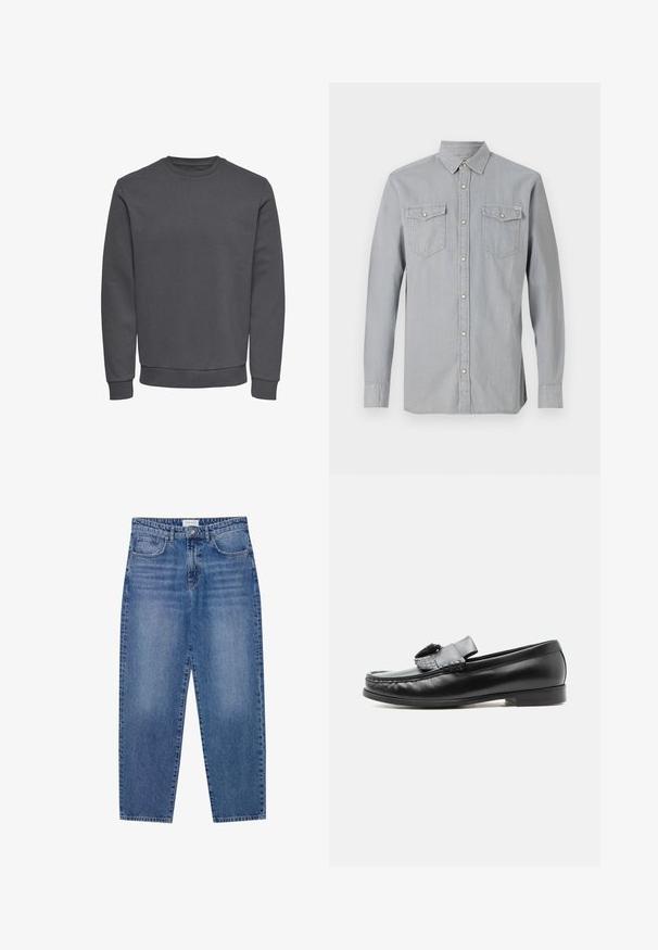 Grå sweatshirt lavet af blødt stof med rund halsudskæring, lange ærmer og ribbede manchetter og kant for en tætsiddende pasform. Ingen mønstre eller logoer.; Lysegrå langærmet denimskjorte med knappet front, to brystlommer med klapper og knapper samt en spids krave.; Blå denim jeans med høj talje, lige ben design og slidte finish. Har fem lommer og en knaplukning.; Sort læderloafer med kvastdetalje, lav hæl og rundet tå, vist fra siden mod en ensartet lys baggrund.