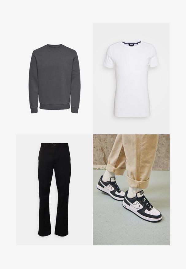 Grauer Pullover aus weichem Stoff mit Rundhalsausschnitt, langen Ärmeln sowie gerippten Bündchen und Saum für eine enge Passform. Keine Muster oder Logos.; Lindbergh T-Shirt basic - white; Schwarze, gerade geschnittene Hose aus einem glatten Stoff. Mit Knopfverschluss, Gürtelschlaufen und Vordertaschen. Schlichtes Design ohne Muster.; Schwarz-weiße Nike Air Force 1 Sneaker mit einem Obermaterial aus Leder, perforierter Zehenpartie und strukturiertem Sohlendesign, getragen mit aufgerollten beigen Hosen und weißen Socken.