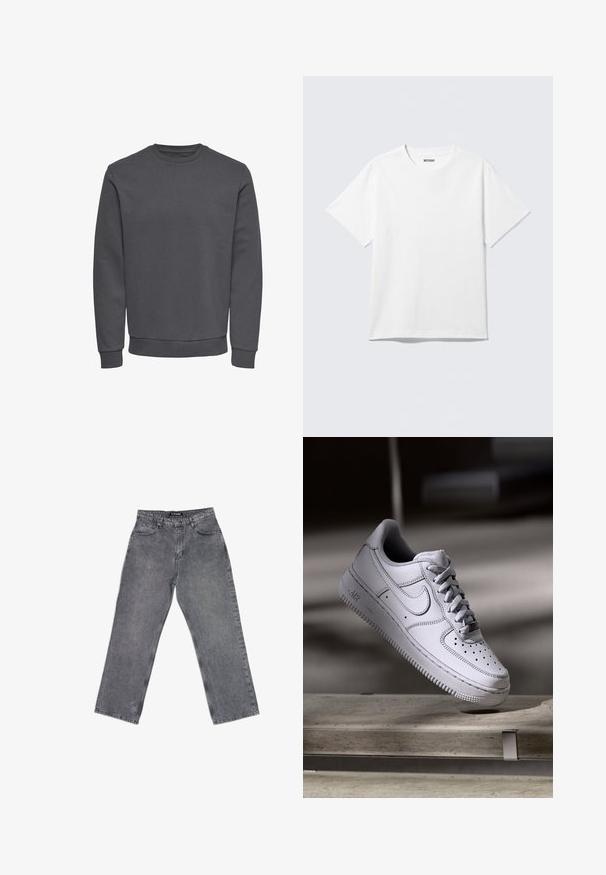 Grauer Pullover aus weichem Stoff mit Rundhalsausschnitt, langen Ärmeln sowie gerippten Bündchen und Saum für eine enge Passform. Keine Muster oder Logos.; Weißes T-Shirt mit kurzen Ärmeln und Rundhalsausschnitt, flach liegend, schlichtes Design, mit „WEEKDAY“-Etikett innen im Kragen auf hellem Hintergrund.; Graue, hoch taillierte Jeans mit geradem Bein, Vordertaschen, Gürtelschlaufen, Knopfverschluss und sichtbaren Nähten auf weißem Hintergrund.; Weißer Nike Air Force 1 Sneaker aus Leder mit perforierter Zehenpartie, flachen Schnürsenkeln und strukturierter Gummisohle mit "AIR"-Branding an der Seite.
