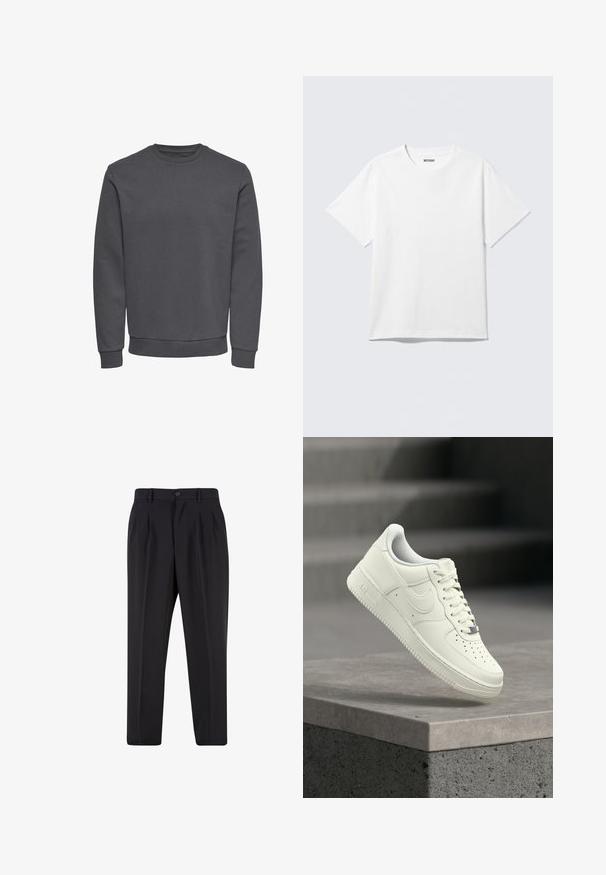 Sweatshirt gris en tissu doux avec un col rond, des manches longues et des poignets et un ourlet côtelés pour un ajustement snug. Sans motifs ni logos.; T-shirt blanc à manches courtes et col rond, étalé à plat, design uni, avec l'étiquette "WEEKDAY" à l'intérieur du col sur un fond clair.; Pantalon noir sur mesure avec plis à l'avant, passants pour ceinture et fermeture par bouton à la taille.; Baskets en cuir blanc au design profilé, surface texturée, perforations sur le bout et accents argentés sur les lacets et le logo.