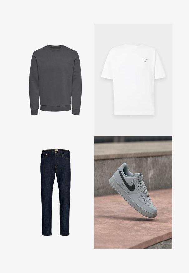 Grijze sweatshirt van zachte stof met een ronde hals, lange mouwen en geribbelde boorden en zoom voor een snug fit. Geen patronen of logo's.; Witte katoenen t-shirt met een relaxed fit, korte mouwen en een V-hals. Bevat twee kleine zwarte bedrukte logo's aan de linkerkant.; Donkerblauwe denim jeans met een rechte pasvorm, ontwerp met vijf zakken en contrasterende gele stiksels. Voorzien van een knoop- en ritssluiting.; Grijze Nike Air Force 1 sneaker met een zwart swoosh-logo, witte zool en veters, zwevend in de lucht boven een betonnen oppervlak.