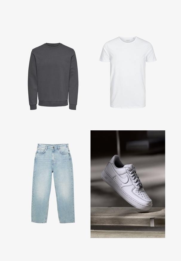 Grauer Pullover aus weichem Stoff mit Rundhalsausschnitt, langen Ärmeln sowie gerippten Bündchen und Saum für eine enge Passform. Keine Muster oder Logos.; Rundhals-T-Shirt mit kurzen Ärmeln in reinem Weiß, aus weicher Baumwolle, mit einem schlichten Design ohne sichtbare Muster oder Akzente.; Hellblaue hochgeschnittene Jeans aus Denim mit geradem Bein, vorderen und hinteren Taschen sowie einem Knopfverschluss mit sichtbaren Nähten.; Weißer Nike Air Force 1 Sneaker aus Leder mit perforierter Zehenpartie, flachen Schnürsenkeln und strukturierter Gummisohle mit "AIR"-Branding an der Seite.