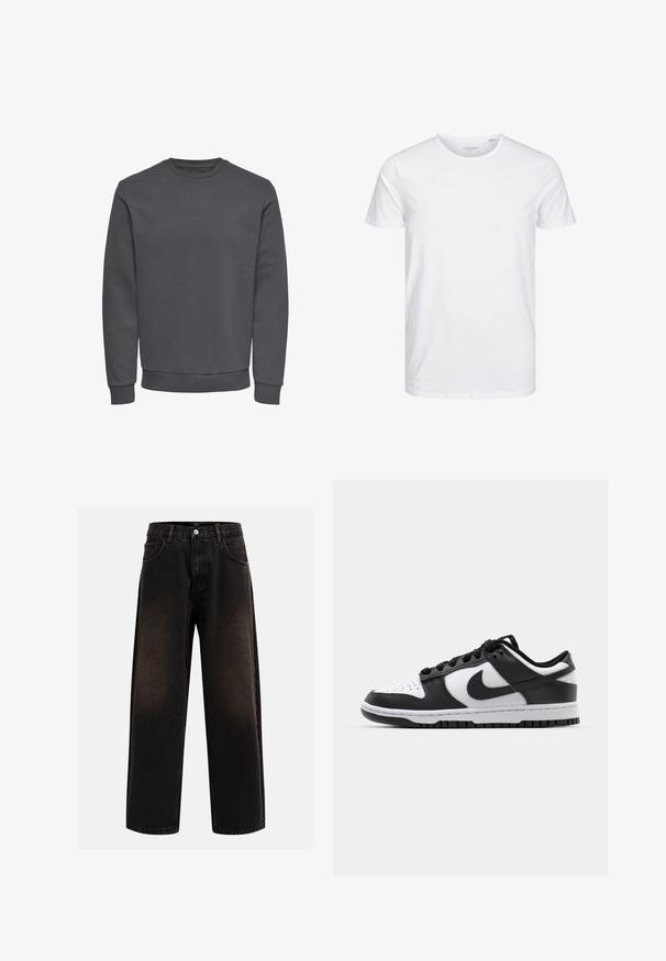 Grauer Pullover aus weichem Stoff mit Rundhalsausschnitt, langen Ärmeln sowie gerippten Bündchen und Saum für eine enge Passform. Keine Muster oder Logos.; Rundhals-T-Shirt mit kurzen Ärmeln in reinem Weiß, aus weicher Baumwolle, mit einem schlichten Design ohne sichtbare Muster oder Akzente.; Schwarze Denim-Jeans mit lockerer Passform, ausgestattet mit Gürtelschlaufen, fünf Taschen Design und einem Knopfverschluss. Strukturierter Stoff mit leichtem Verblassen.; Schwarze und weiße Nike Dunk Sneakers mit einem Obermaterial aus Leder, perforierter Zehenpartie, schwarzen Schnürsenkeln und einer schwarzen Gummisohle mit Profildesign.