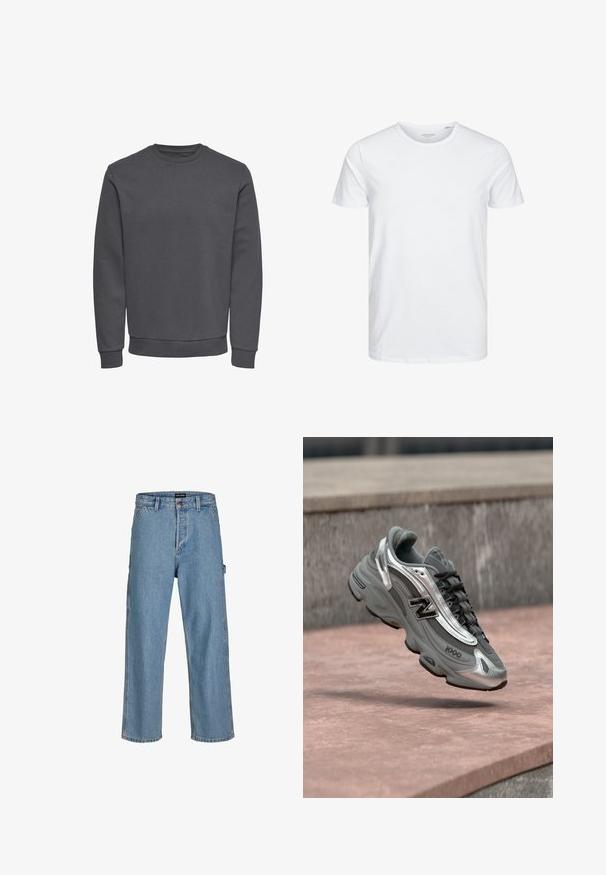 Grå sweatshirt lavet af blødt stof med rund halsudskæring, lange ærmer og ribbede manchetter og kant for en tætsiddende pasform. Ingen mønstre eller logoer.; Rundhals kortærmet t-shirt i ensfarvet hvid, lavet af blød bomuld, har et simpelt design uden synlige mønstre eller detaljer.; Lysblå denim jeans med afslappet pasform, lige ben og klassisk taljebutton. Har sidelommer og subtile syninger.; Grå og sølvfarvet New Balance-sneaker mærket "1000", der svæver over en rosafarvet stenet overflade med en grå stenvæg i baggrunden.