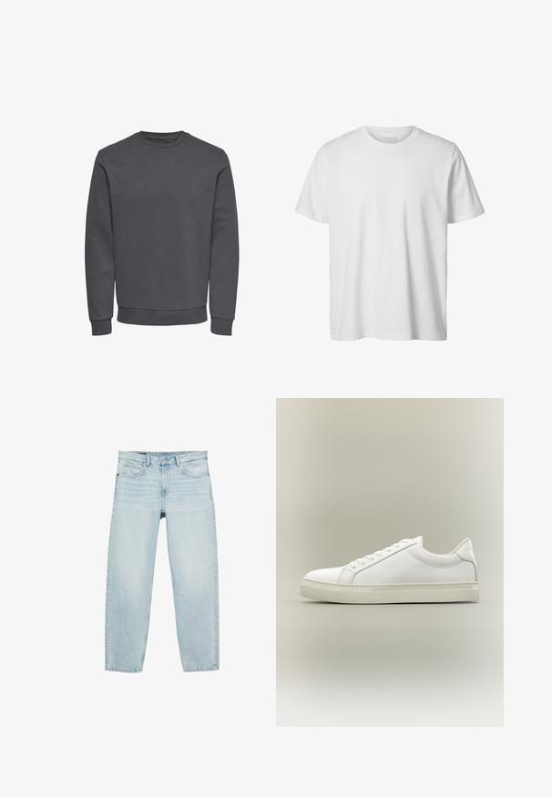 Grijze sweatshirt van zachte stof met een ronde hals, lange mouwen en geribbelde boorden en zoom voor een snug fit. Geen patronen of logo's.; Eenvoudig wit T-shirt met korte mouwen en ronde hals, losse pasvorm en zonder zichtbare logo's of ontwerpen aan de voorkant.; Lichtblauwe spijkerbroek met rechte pijpen, sluiting aan de voorkant met knoop en rits, en een ontwerp met vijf zakken.; Witte lage sneaker met veters aan de voorkant en dikke zool, zijaanzicht tegen een neutrale achtergrond.