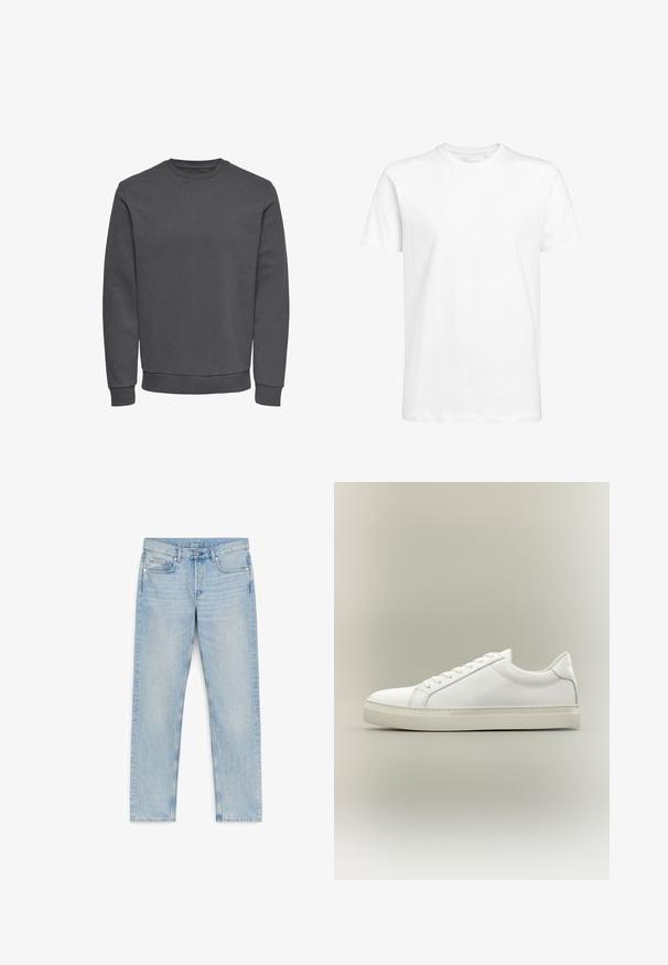 Grauer Pullover aus weichem Stoff mit Rundhalsausschnitt, langen Ärmeln sowie gerippten Bündchen und Saum für eine enge Passform. Keine Muster oder Logos.; Weißes kurzärmeliges T-Shirt aus Baumwolle mit rundem Ausschnitt und normaler Passform. Schlichtes Design, keine Muster oder sichtbaren Akzente.; Hellblaue Jeans mit geradem Bein, fünf Taschen, Gürtelschlaufen und Knopfverschluss, flach auf einem weißen Hintergrund liegend.; Weißer Sneaker mit niedrigem Schaft, vorn mit Schnürung und dicker Sohle, aus der Seitenansicht vor neutralem Hintergrund.