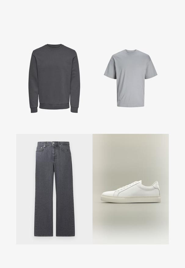 Grå sweatshirt lavet af blødt stof med rund halsudskæring, lange ærmer og ribbede manchetter og kant for en tætsiddende pasform. Ingen mønstre eller logoer.; Lysegrå kortærmet t-shirt lavet af glat bomuldsstof, med rund hals og en afslappet pasform uden synlige mønstre eller logoer.; Mørkegrå denimjeans med lige ben og højtaljet talje, med frontknap, lynlås og fem-lomme design mod hvid baggrund.; Hvid lavtop sneaker med snørebånd foran og tyk sål, vist fra siden mod en neutral baggrund.