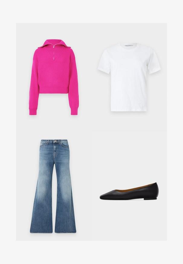 Pull court fuchsia avec une texture côtelée, présentant un col montant zippé et des manches larges, conçu pour un ajustement décontracté.; T-shirt blanc uni à manches courtes et col rond, posé à plat sur un fond clair, vue de face avec une petite étiquette de marque visible à l'intérieur du col.; Jean bleu taille haute à jambes larges avec devant délavé, design à cinq poches, passants pour ceinture et fermeture à bouton sur fond blanc.; Chaussure plate en cuir noir à bout pointu avec talon bas et finition lisse, vue de côté sur un fond gris clair.