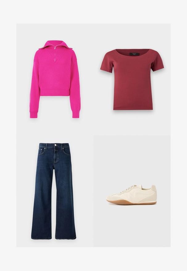 Pull court fuchsia avec une texture côtelée, présentant un col montant zippé et des manches larges, conçu pour un ajustement décontracté.; Haut pour femmes à manches courtes, de couleur rose foncé, avec un large décolleté en arrondi et une coupe ajustée, posé à plat sur un fond blanc.; Jean taille haute bleu foncé à jambes larges avec bouton et fermeture éclair à l'avant, poches avant et arrière, et passants pour ceinture.; Baskets beige clair avec une tige en cuir texturé, des panneaux latéraux texturés et une semelle en caoutchouc. Dotées d'un design fin et épuré ainsi que de lacets plats.