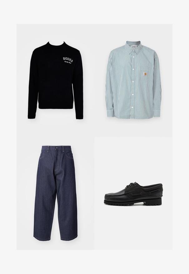 Pull en maille noir avec col rond, manches longues, et le mot "DICKIES" brodé en blanc sur la zone de la poitrine gauche.; Chemise rayée vert et blanc, dotée d'un col boutonné, de manches longues, d'une poche avant et d'une petite étiquette logo.; Jean en denim bleu foncé avec une coupe ample et des jambes larges. Comprend une fermeture à bouton, des poches avant et des accents de couture visibles.; Chaussure noire avec un dessus en cuir, des accents textiles, des lacets ronds et une semelle en caoutchouc texturé. Présente des coutures mocassins et des détails de marque.