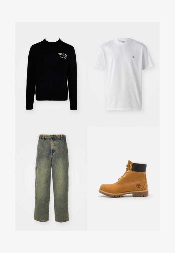 Pull en maille noir avec col rond, manches longues, et le mot "DICKIES" brodé en blanc sur la zone de la poitrine gauche.; T-shirt en coton blanc à manches courtes, col rond, avec un petit logo doré sur la poitrine gauche. Texture douce et coupe régulière.; Jeans en denim ample avec un délavage bleu et vert. Comprend une fermeture à bouton, des passants de ceinture et des poches latérales. Pas de pli à l'avant et design à jambe droite.; Bottine en cuir brun avec œillets en métal, doublure en fourrure blanche, col rembourré noir, semelle robuste et logo en relief sur le côté.
