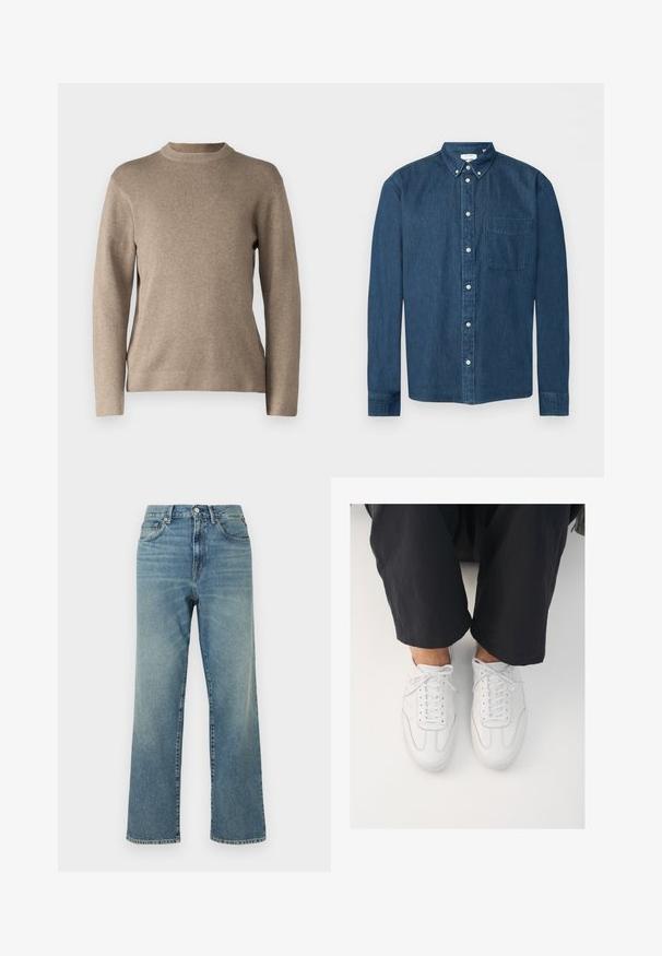 Beige striktrøje med rund hals, lange ærmer, ribbede manchetter og et blødt, tekstureret stof. Har et enkelt design og en afslappet pasform.; Mørkeblå denimskjorte med knapper, lange ærmer, en forlommer til venstre og en knaplukket krave, vist på en hvid baggrund.; Blå jeans med høj talje, lige ben, frontlukning med knapper, bæltestropper og design med fem lommer.; Hvide lædersneakers med en glat overflade, rund tå og klassisk snøresystem, placeret over mørke, løse bukser.
