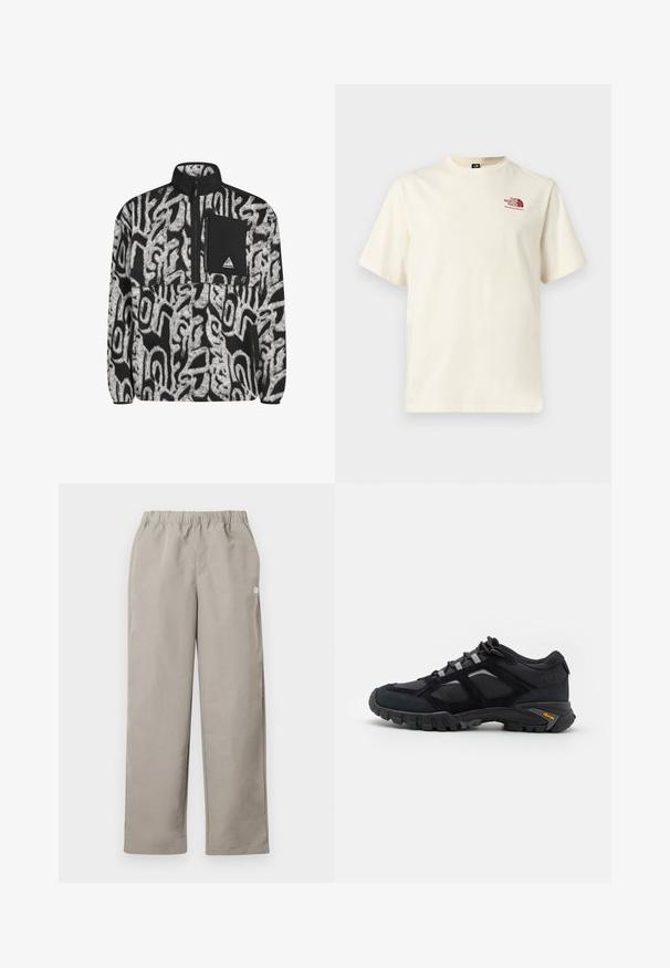 Pull en polaire noir et blanc avec motif abstrait, fermeture éclair à moitié, et poche poitrine noire avec un écusson logo.; T-shirt manches courtes blanc cassé avec logo bordeaux « The North Face » sur la poitrine gauche, col rond, design simple.; Pantalon beige à jambe droite avec une ceinture élastique et un petit logo blanc sur la couture latérale droite.; Chaussure extérieure noire en daim et en maille avec une semelle robuste. Présente des accents gris et une marque Vibram sur le côté. Design à lacets.