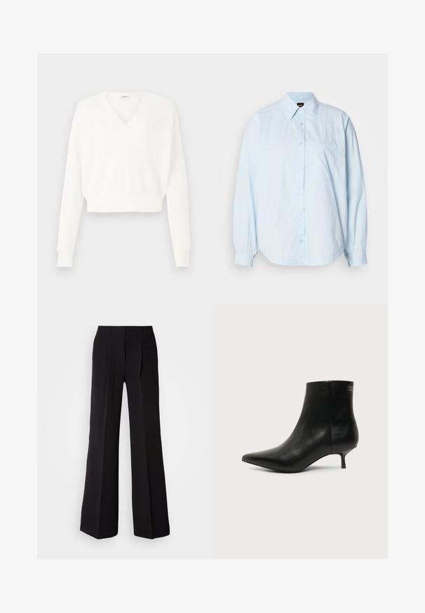 Witte cropped sweater met V-hals ontwerp, gemaakt van gestructureerde mesh stof, met lange mouwen en geribde manchetten.; Lichtblauw overhemd met lange mouwen, van katoen. Voorzien van een kraag, ronde zoom en een klein borstzakje met geborduurd logo.; Zwarte broeken van soepele stof, met een hoge taille, wijde pijpen en twee plooien aan de voorkant voor extra ontwerpelementen.; Zwart leren enkellaars met puntige neus en lage kittenhak op lichte achtergrond, zijaanzicht buitenkant.
