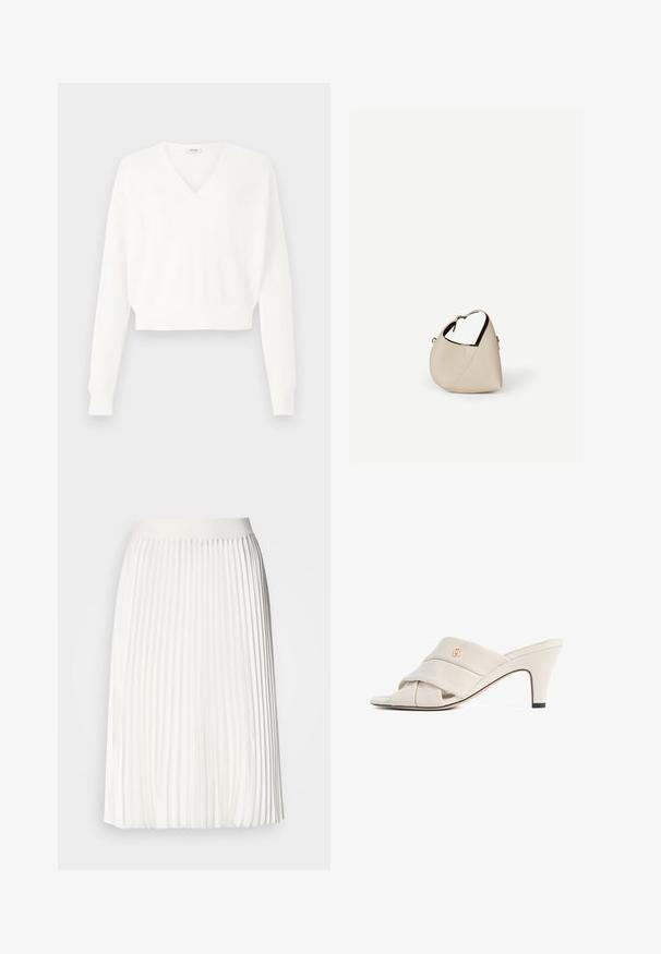 Witte cropped sweater met V-hals ontwerp, gemaakt van gestructureerde mesh stof, met lange mouwen en geribde manchetten.; Plissé witte rok met een gladde tailleband, knielange ontwerp, met een vloeiende textuur en constante verticale plooien.; Beige hoge hakken mules met een gedraaide lederen band, open teen en een reliëf logo-accent. De hak heeft een zwarte puntdetail.; Beige leren handtas in halvemaanvorm met een enkele schouderband en minimale stiksels, afgebeeld tegen een effen witte achtergrond.