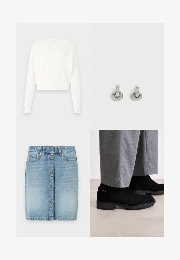 Pull court blanc avec design en V, fabriqué en tissu en maille texturée, avec des manches longues et des poignets côtelés.; Jupe en denim bleu clair avec un bouton à l'avant, cinq poches et des détails de couture. Présente une coupe droite et une finition légèrement délavée.; Bottines en suede noir avec semelle en caoutchouc, dotées d'un panneau élastique sur le côté et d'un accent de logo sur le talon. Associées à un pantalon gris.; Paire de petites boucles d'oreilles créoles argentées brillantes avec une base ronde, présentées sur un fond clair uni.