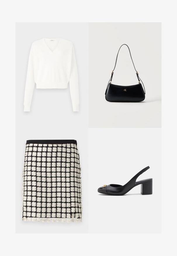 Pull court blanc avec design en V, fabriqué en tissu en maille texturée, avec des manches longues et des poignets côtelés.; Jupe noire avec un motif en grille de fleurs blanches brodées et une taille noire unie, ourlet légèrement festonné.; Chaussure slingback en cuir noir avec un bout rond, un talon bloc et un accent doré sur le devant. Texture lisse et design minimalist.; Sac à épaule en cuir noir avec forme incurvée, bandoulière réglable et logo "cK" doré au centre devant.