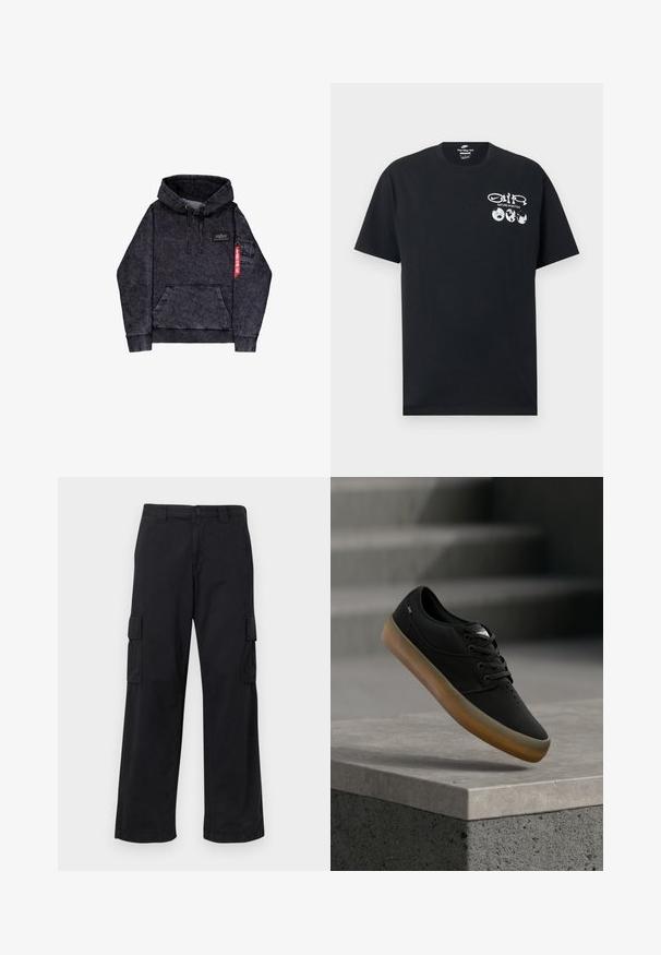 Sort melange hoodie med kængurulomme, justerbar snor i hætten, logo-patch på brystet og sidelomme med rødt mærke.; Sort Nike T-shirt med korte ærmer med hvid tekst "Nature in Motion", tre ikoner af jordkloden og Nike Swoosh-grafik på venstre bryst.; Sorte cargo bukser lavet af bomuldsblanding, med løs pasform, to sidelommer og knaplukning. Flad tekstur med minimale udsmykninger.; Sort afslappet snøresko med brun sål, svævende over en betonforkant med slørede trapper i baggrunden.