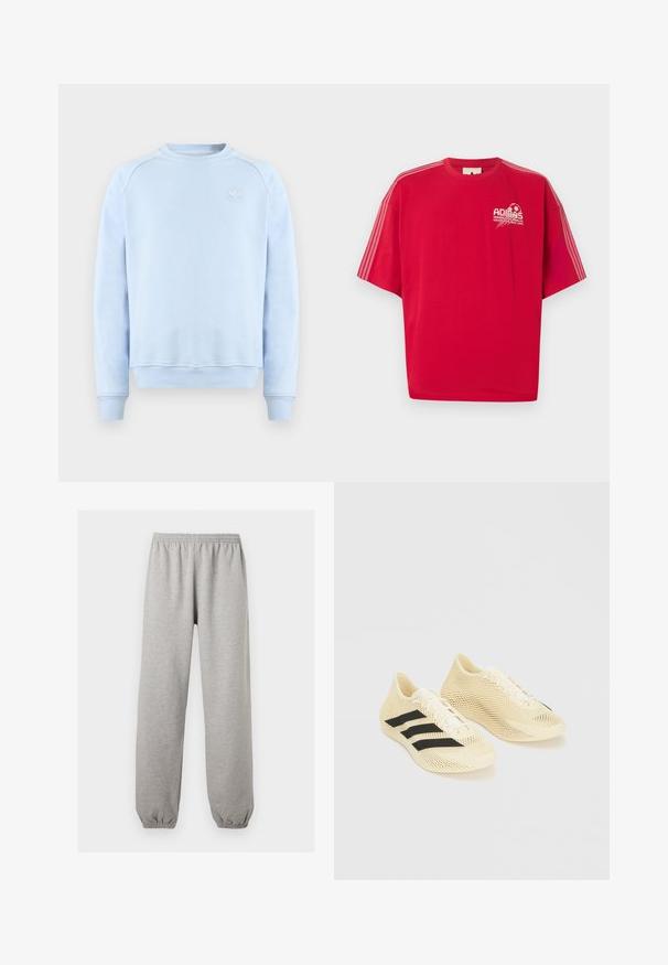 Ανοιχτό μπλε φούτερ Adidas με στρογγυλή λαιμόκοψη, μακριά μανίκια, ριμπ μανσέτες και τελείωμα, και μικρό λευκό λογότυπο Adidas στο στήθος.; Κόκκινο κοντομάνικο T-shirt Adidas με λευκό λογότυπο και γραφικό ποδοσφαίρου στο αριστερό μέρος του στήθους και τρεις λευκές ρίγες σε κάθε μανίκι.; Ανοιχτό γκρι φόρμα με ελαστική μέση και τελειώματα, ίσια γραμμή, κατασκευασμένη από μαλακό ύφασμα.; Αθλητικά παπούτσια ανοιχτού μπεζ χρώματος με μαύρες ρίγες, κλείσιμο με κορδόνια και υφασμενo κυματιστό σχέδιο σε λευκό φόντο.