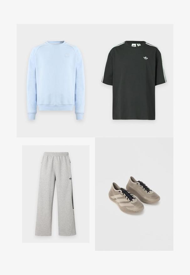 Ανοιχτό μπλε φούτερ Adidas με στρογγυλή λαιμόκοψη, μακριά μανίκια, ριμπ μανσέτες και τελείωμα, και μικρό λευκό λογότυπο Adidas στο στήθος.; Μαύρο βαμβακερό μπλουζάκι με κοντά μανίκια, στρογγυλή λαιμόκοψη και λευκές τρεις ρίγες στο ύψος των ώμων. Φέρει μικρό λευκό λογότυπο στο στήθος.; Ανοιχτό γκρι φαρδυές φόρμες με ελαστική μέση και μαύρο λογότυπο Adidas trefoil στο δεξί μηρό.; Ζευγάρι μπεζ αθλητικά παπούτσια με μαύρα κορδόνια, διαθέτοντας υφή με ριγέ μοτίβο και τρεις πλαϊνές γραμμές σε απλό φόντο.
