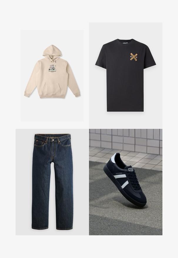 Sweat à capuche beige avec cordon de serrage, poche kangourou à l'avant et logo graphique représentant une voiturette de golf. Tissu en coton doux avec poignets côtelés.; T-shirt en coton noir avec un design graphique orange, affichant les mots "ELEMENT" et "SE SOUVENIR" en motif croisé sur la poitrine.; Jean en denim bleu foncé avec une coupe droite. Comprend cinq poches, des surpiqûres contrastantes et une fermeture à bouton à la taille.; Sneaker en cuir noir avec des rayures blanches, semelle en caoutchouc texturée et devant à lacets. Présente une étiquette de marque sur la languette.