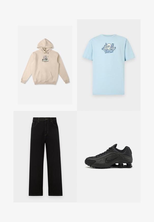 Sweat à capuche beige avec cordon de serrage, poche kangourou à l'avant et logo graphique représentant une voiturette de golf. Tissu en coton doux avec poignets côtelés.; T-shirt en coton bleu clair avec un motif graphique d'une pieuvre et le texte "CARHARTT WIP GRAPHIC WORKS" en bleu foncé. Manches courtes, col rond.; Pantalons en denim noir à coupe droite, dotés de poches avant, de surpiqûres jaunes contrastantes et d'une fermeture à bouton à la taille.; Baskets de course noires avec une tige en synthétique lisse, des accents perforés, des panneaux latéraux texturés et une semelle distincte et rebondissante.