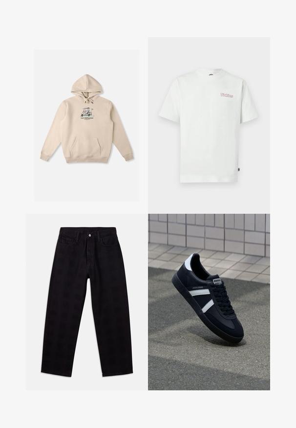 Sweat à capuche beige avec cordon de serrage, poche kangourou à l'avant et logo graphique représentant une voiturette de golf. Tissu en coton doux avec poignets côtelés.; T-shirt en coton blanc avec manches courtes, col rond, et un logo rose "Dickies" sur le côté gauche de la poitrine. Texture lisse.; Jean en denim noir à coupe décontractée, doté d'une fermeture à boutons, d'un design à cinq poches et d'un motif texturé subtil sur le tissu.; Sneaker en cuir noir avec des rayures blanches, semelle en caoutchouc texturée et devant à lacets. Présente une étiquette de marque sur la languette.